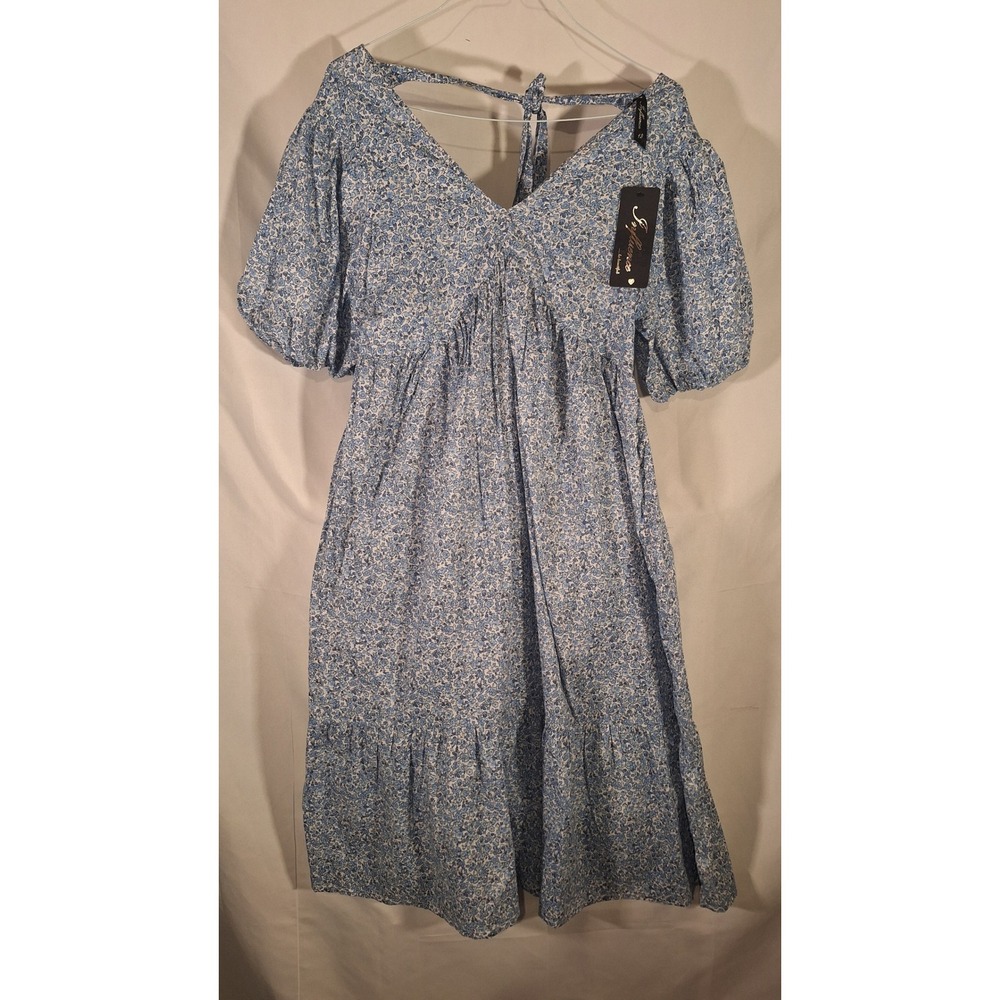 Influence Floral Print Mini Dress Blue Tie Back Puff Short Sleeve Womens Size 8